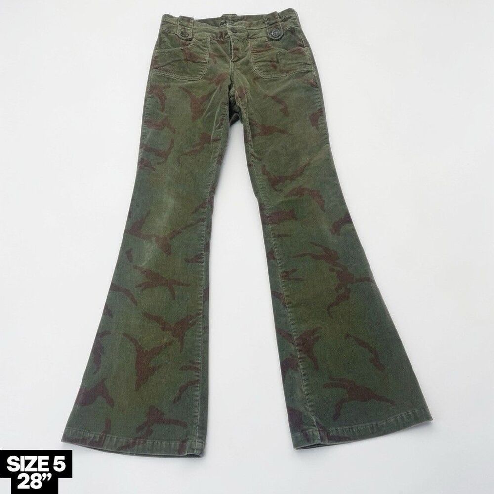 Vintage Y2K Plugg Flare Pants Low Rise Camo Womens 5 Hippie Boho Grunge 28x30
